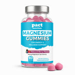 A bottle of Pact Nutrition Magnesium Gummies in natural berry flavour, containing 60 gummies, shown on a clean white background with two gummies placed in front of the bottle.