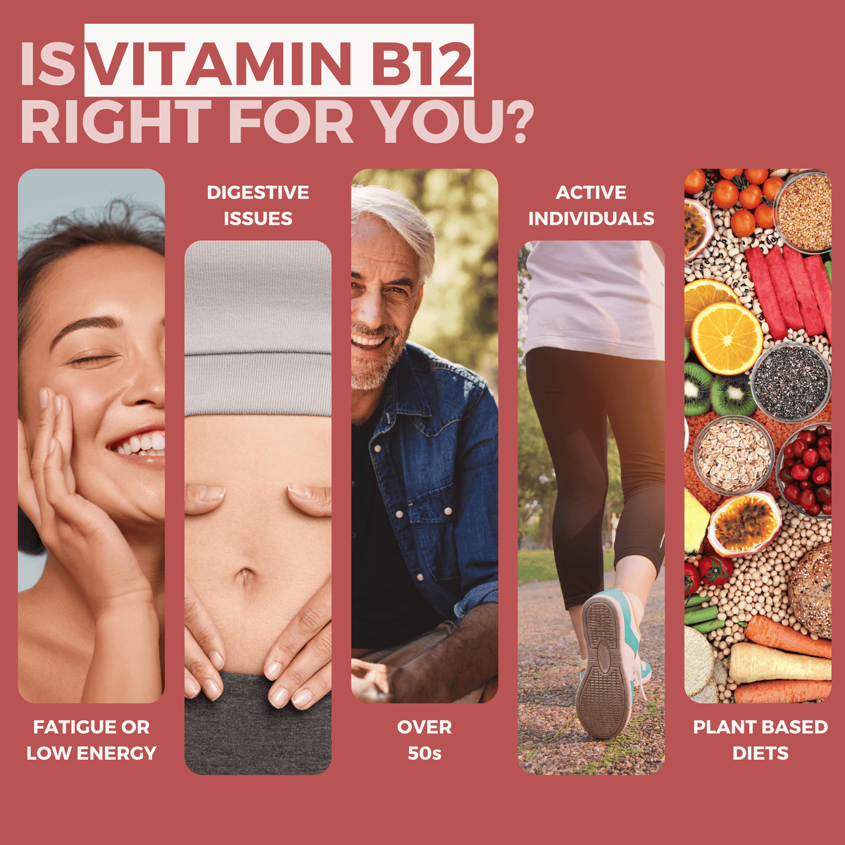 Promotional graphic about vitamin B12 with images and text on a red background