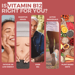 Promotional graphic about vitamin B12 with images and text on a red background