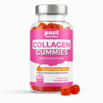 A bottle of Pact Nutrition Collagen Gummies in Natural Orange Flavour, containing 60 gummies, shown on a clean white background with two gummies placed in front of the bottle.