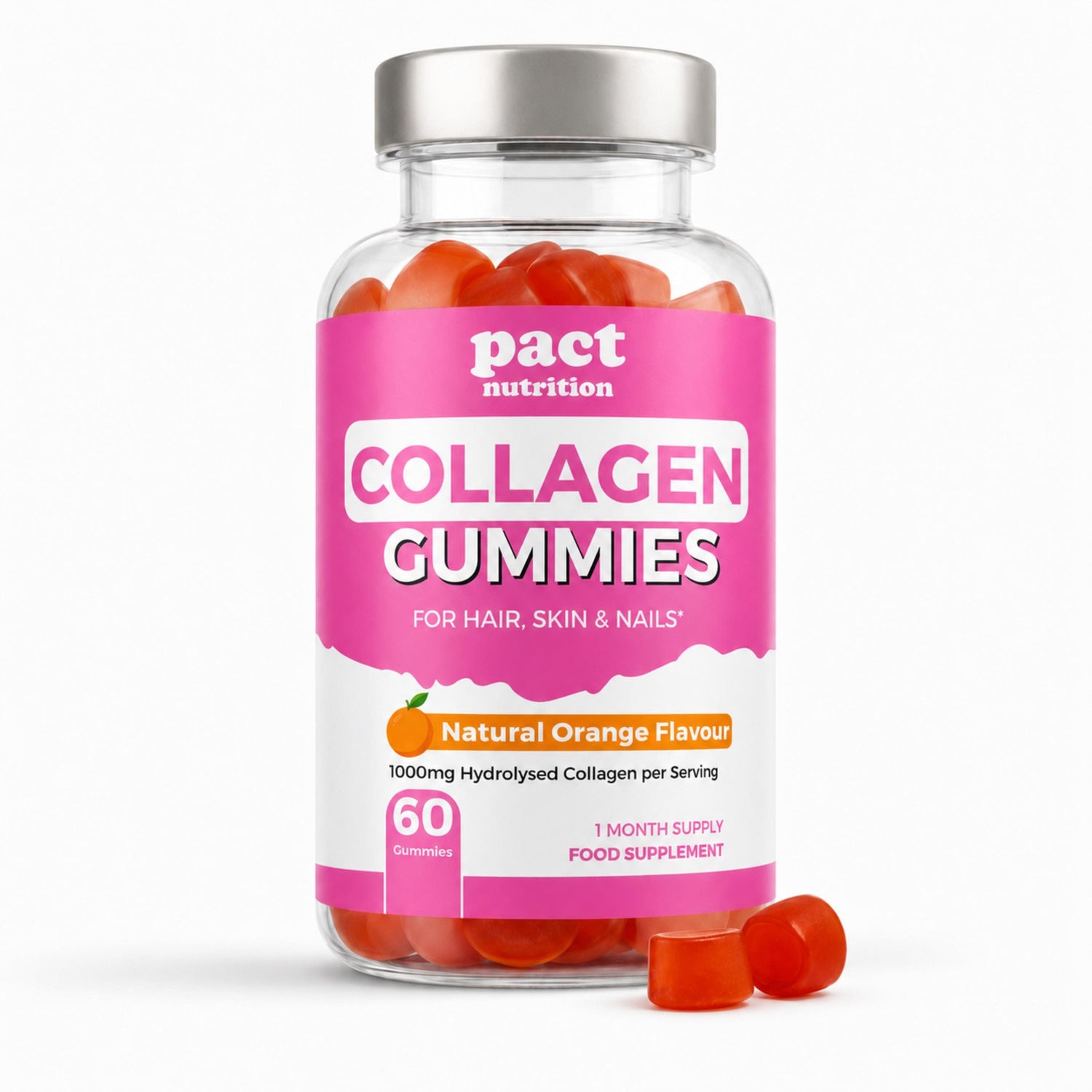 A bottle of Pact Nutrition Collagen Gummies in Natural Orange Flavour, containing 60 gummies, shown on a clean white background with two gummies placed in front of the bottle.