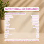 A digital graphic displaying a 'Nutritional Information' table for two gummy vitamins, set against a warm beige textured background with soft green leaves in the top left corner. The text is presented in a clean, modern font with pink and white accents.