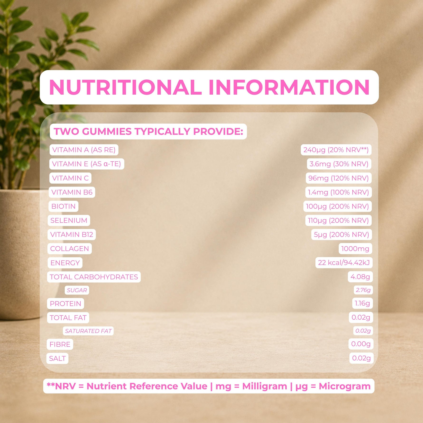 A digital graphic displaying a 'Nutritional Information' table for two gummy vitamins, set against a warm beige textured background with soft green leaves in the top left corner. The text is presented in a clean, modern font with pink and white accents.