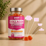 A bottle of Pact Nutrition Collagen Gummies in natural orange flavor, shown on a wooden surface with two loose gummies in front. White callout lines with text highlight key features: 1000mg hydrolysed collagen per serving, natural orange flavour, easy to chew, and 30 servings.