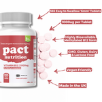 Pact Nutrition vitamin B12 supplement with features highlighted on a white background