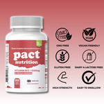 Pact Nutrition vitamin b12 supplement bottle with certification icons on a pink background