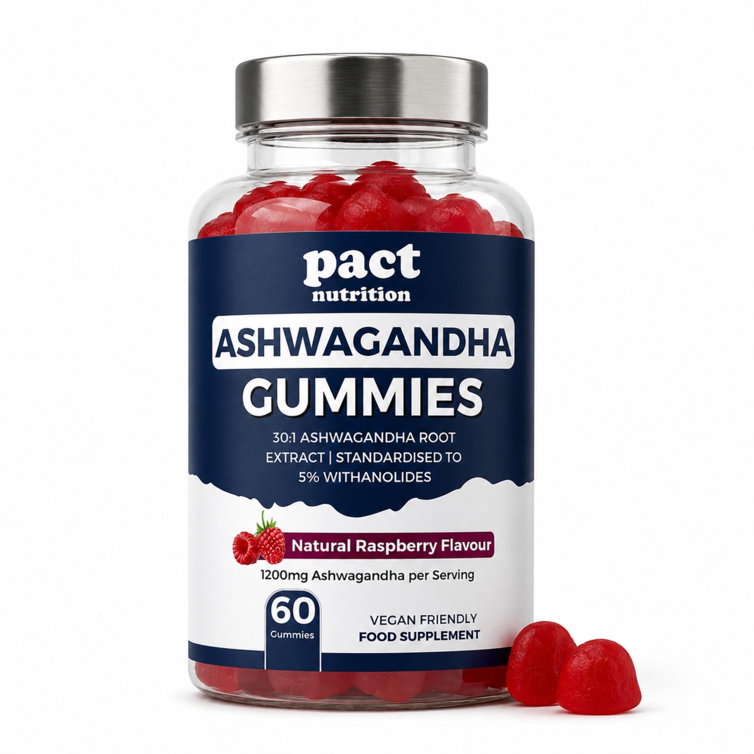 A bottle of Pact Nutrition Magnesium Gummies in natural raspberry flavour, containing 60 gummies, shown on a clean white background with two gummies placed in front of the bottle.