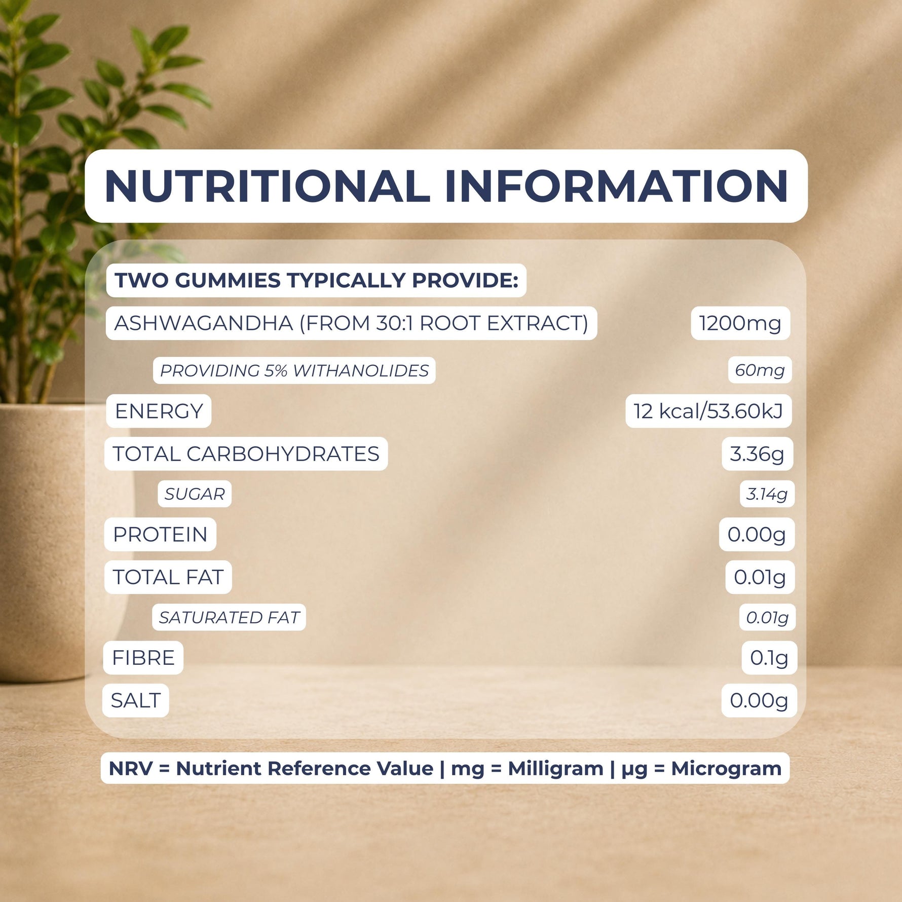 A digital graphic displaying a 'Nutritional Information' table for two gummies, set against a warm beige textured background with soft green leaves in the top left corner. The text is presented in a clean, modern font with dark blue and white accents.