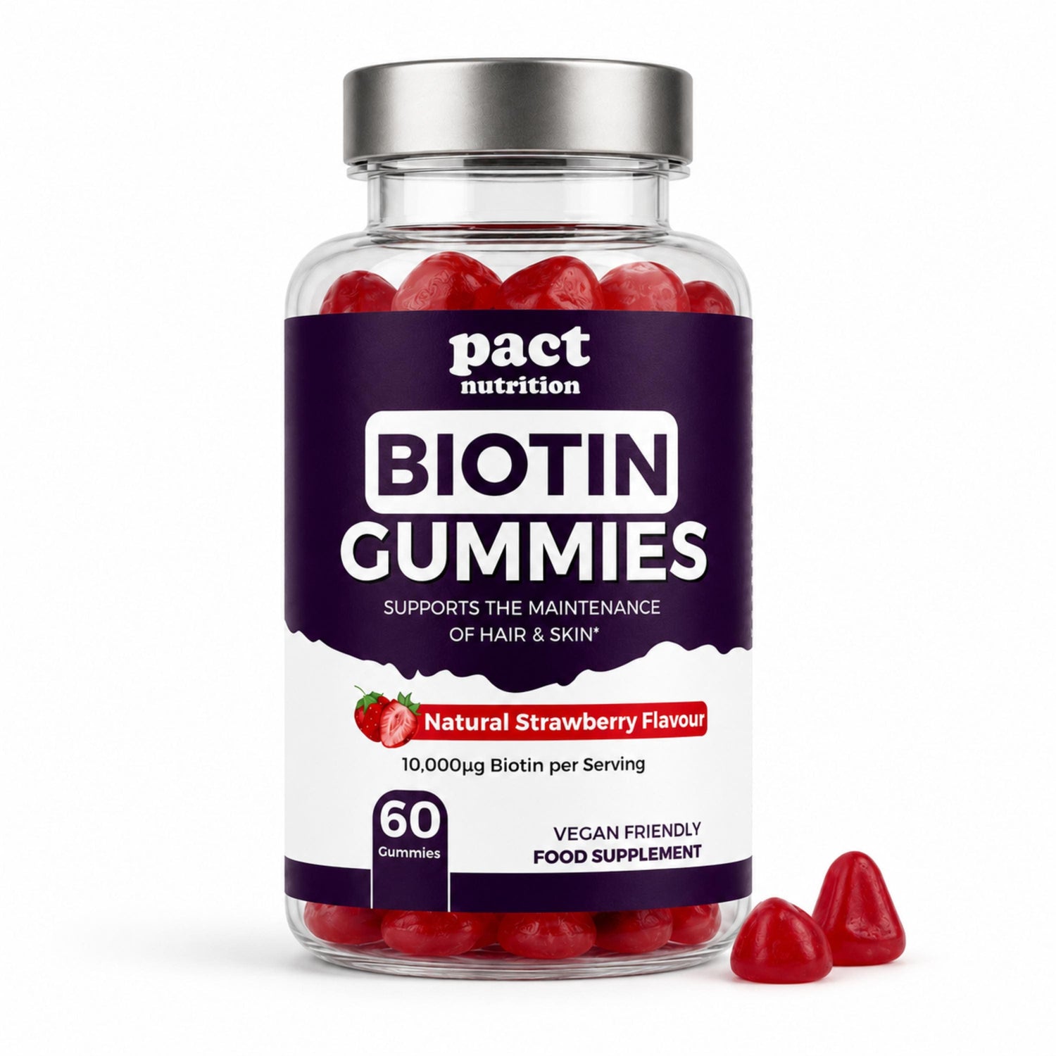 A bottle of Pact Nutrition Biotin Gummies in natural strawberry flavour, containing 60 gummies, shown on a clean white background with two gummies placed in front of the bottle.