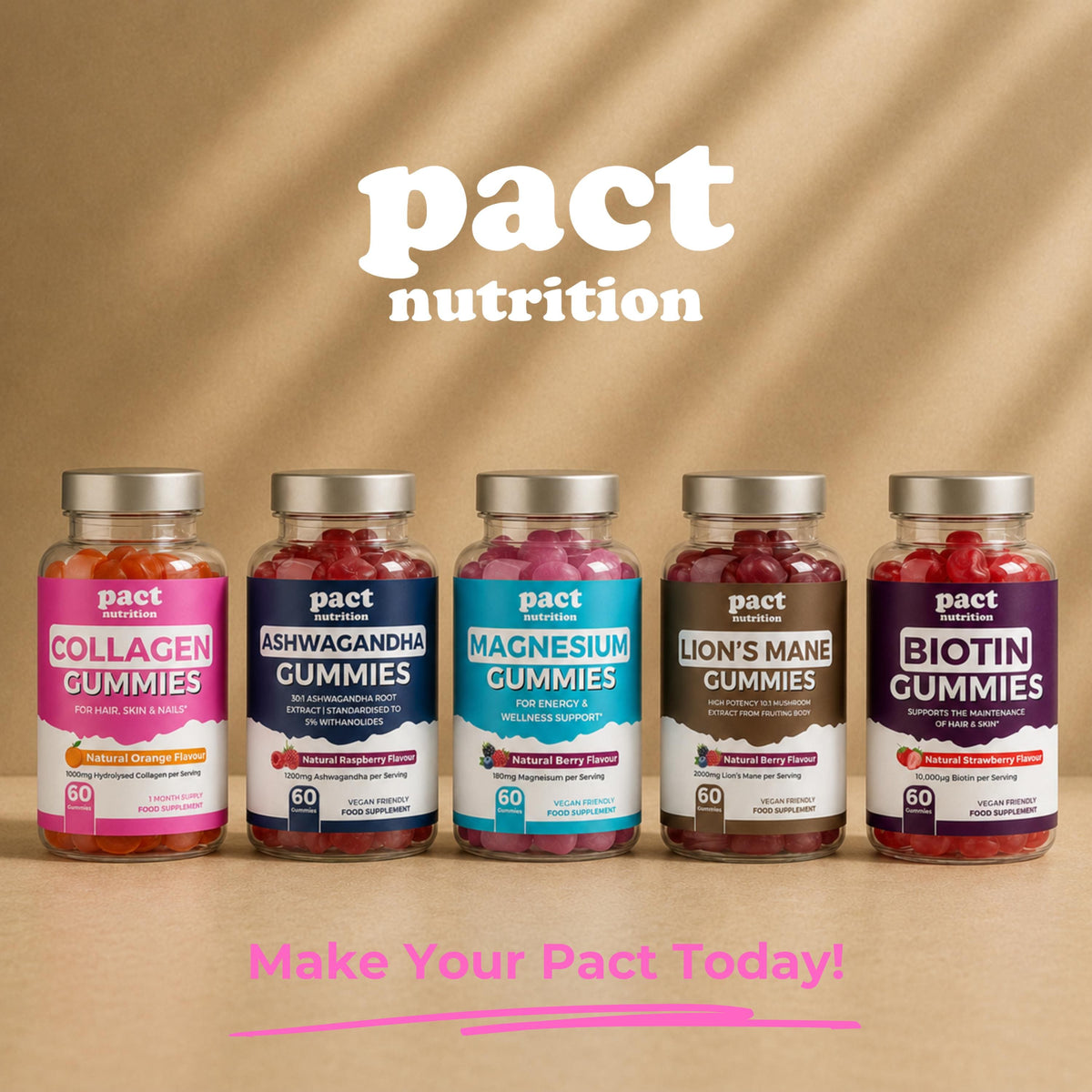 Five bottles of Pact Nutrition gummies arranged in a row against a warm beige background with soft shadow overlays. The products include Collagen, Ashwagandha, Magnesium, Lion's Mane, and Biotin Gummies, each with a distinct label color.