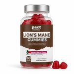 A bottle of Pact Nutrition Lion's Mane Gummies in natural berry flavour, containing 60 gummies, shown on a clean white background with two gummies placed in front of the bottle.