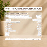 A digital graphic displaying a 'Nutritional Information' table for two gummies, set against a warm beige textured background with soft green leaves in the top left corner. The text is presented in a clean, modern font with brown and white accents.