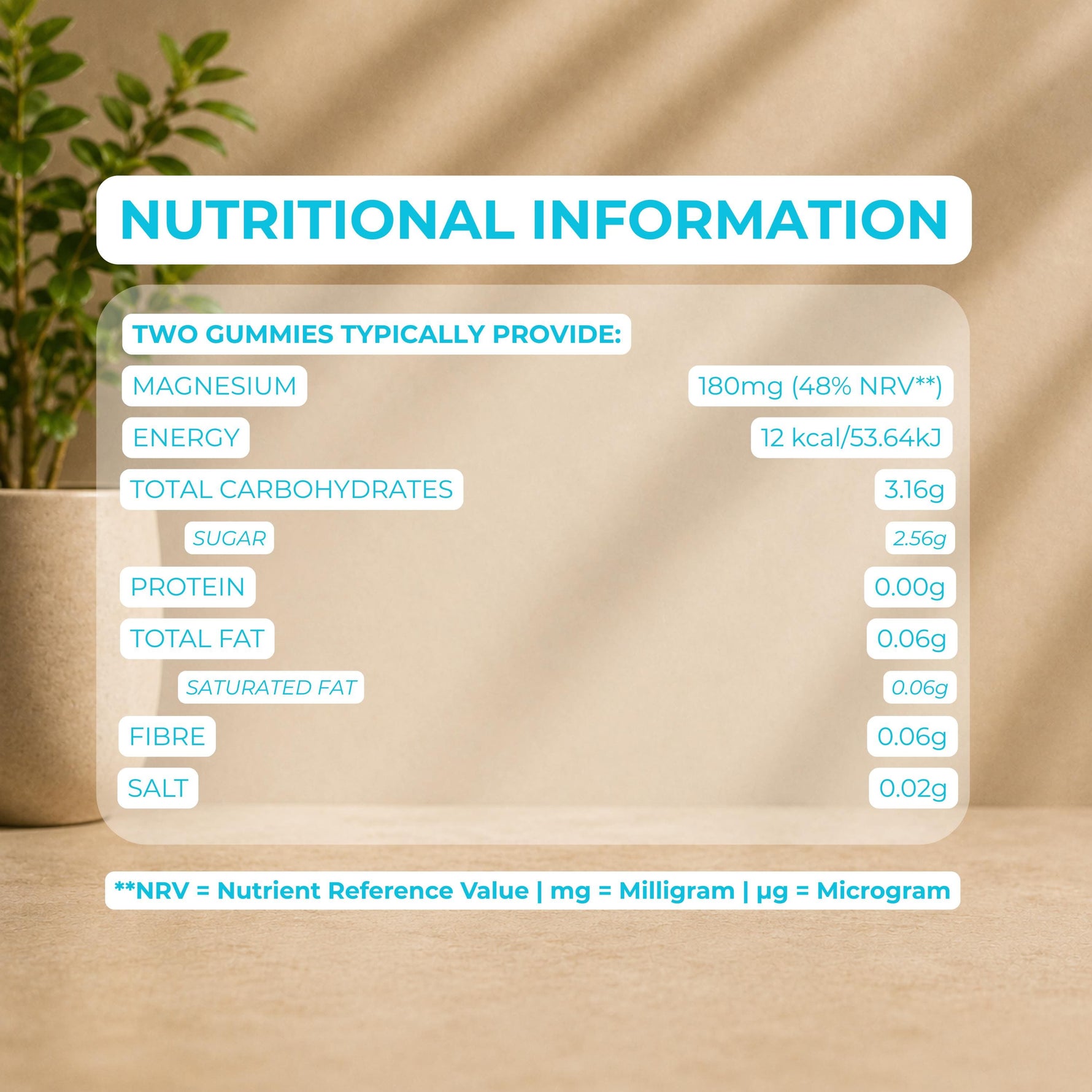 A digital graphic displaying a 'Nutritional Information' table for two gummies, set against a warm beige textured background with soft green leaves in the top left corner. The text is presented in a clean, modern font with bright blue and white accents.